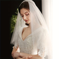 Double Layer Long Head Veil Faux Pearl Mesh Bridal Wedding Hair Accessories