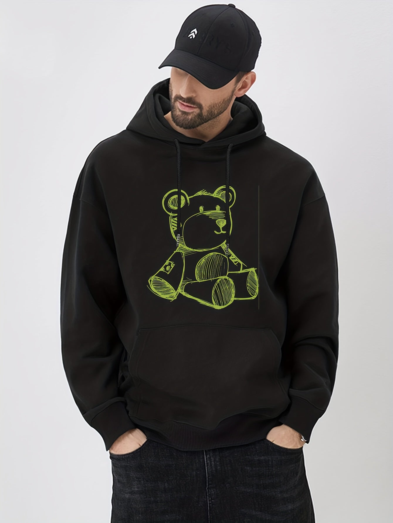 Bear Doodle Print Hoodie Men's Graphic Pullover