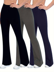 3Pcs Flared Legs Yoga Pants High Stretch Solid Casual Sports Trouser