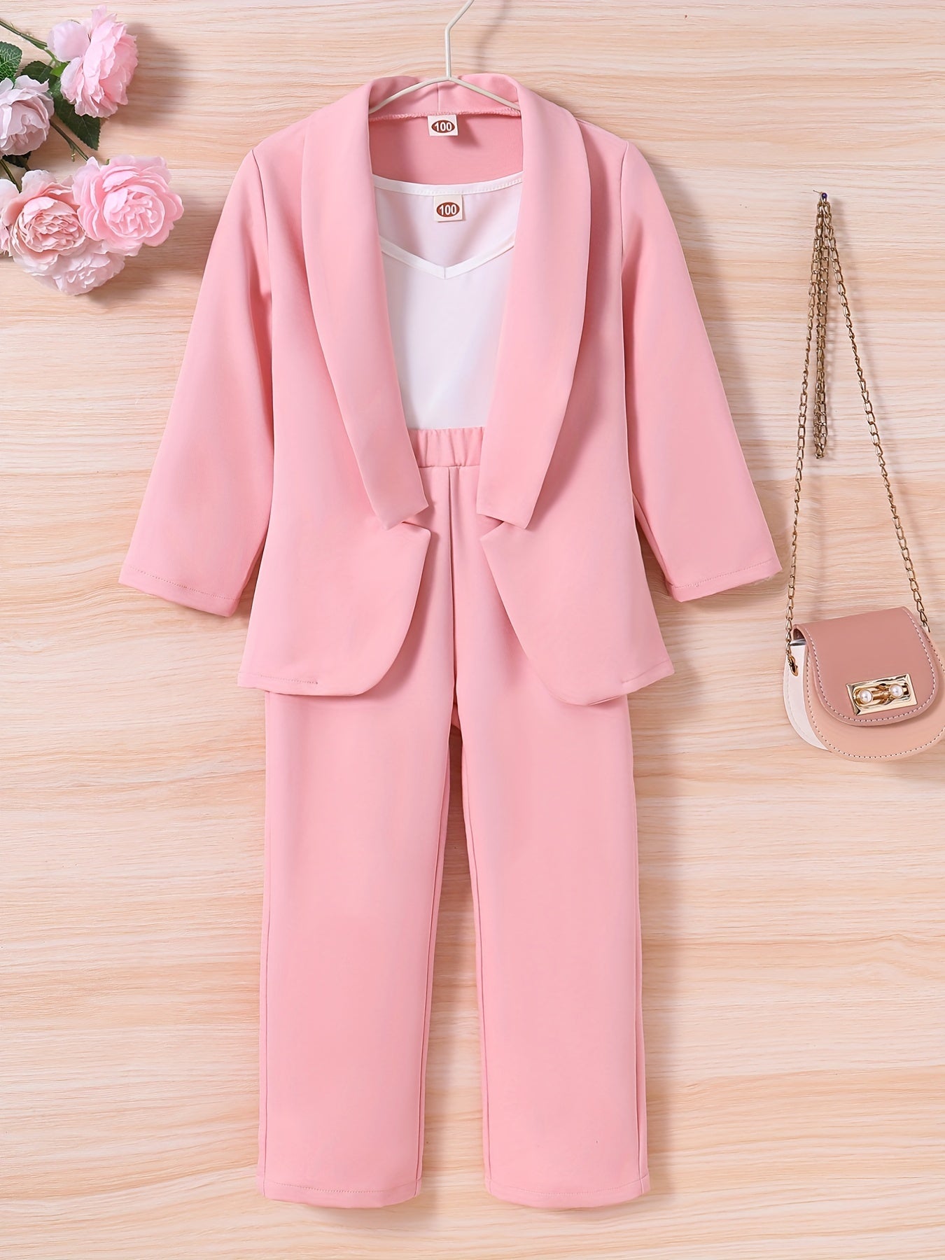 Girls 3pcs Blazer & Camisole & Pants Set Solid Long Sleeve Coat Top Kids Clothes