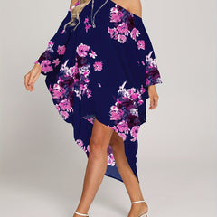 Floral Print Cover Up Dress One Shoulder Asymmetrical Neck Rash Guard Kaftan