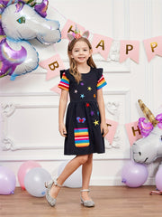 Girls Short Sleeves Ruffles Star Butterfly Embroidery Rainbow Dress