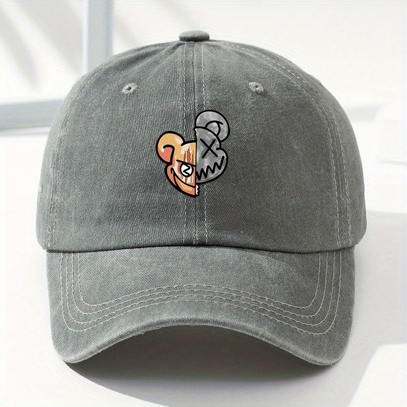 Split Bear Print Baseball Cap Vintage Washed Distressed Cartoon Dad Hats