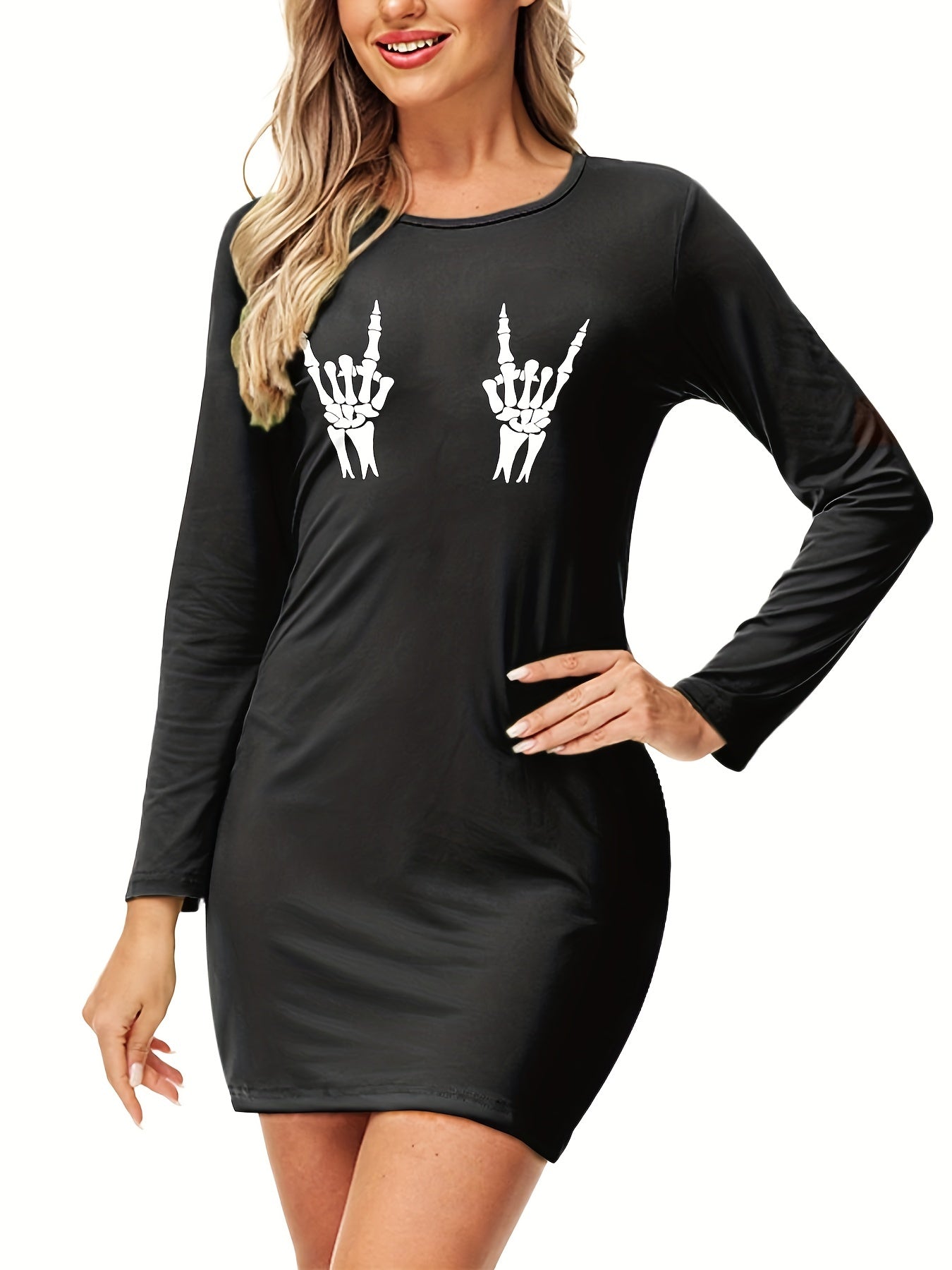 Skeleton Print Halloween Dress Crew Neck Long Sleeve Dress Women's Clothing