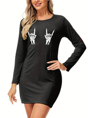 Skeleton Print Halloween Dress Crew Neck Long Sleeve Dress Women's Clothing
