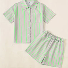 Boys Stripe Button Down Shirt&Shorts Set Summer Kids Clothing