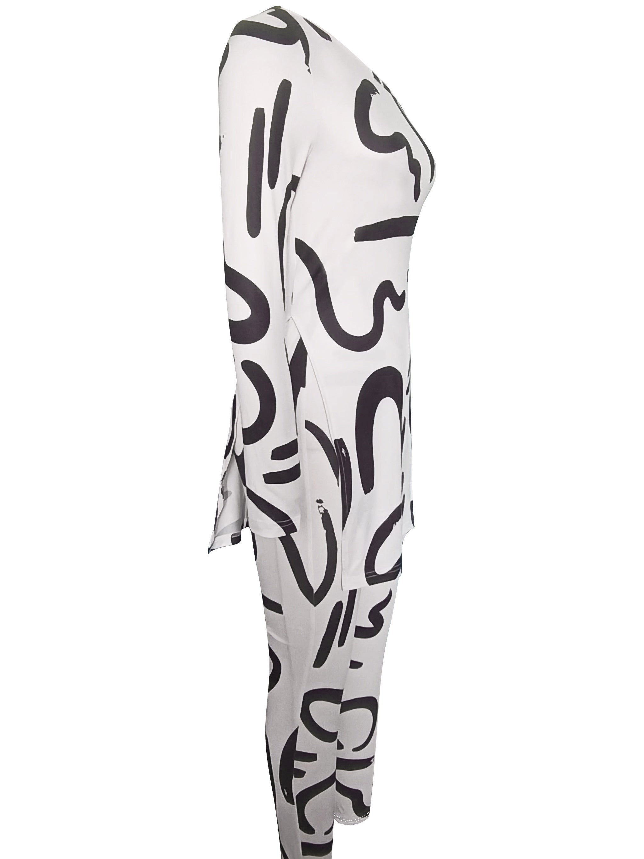 Abstract Print Two Piece Set Slanted Shoulder Split Tops & Slim Pants