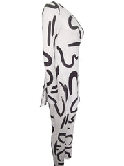 Abstract Print Two Piece Set Slanted Shoulder Split Tops & Slim Pants