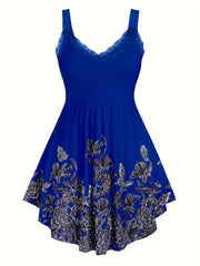 Floral Print Spaghetti Dress Sleeveless Ruched Lace Trim Casual Dress