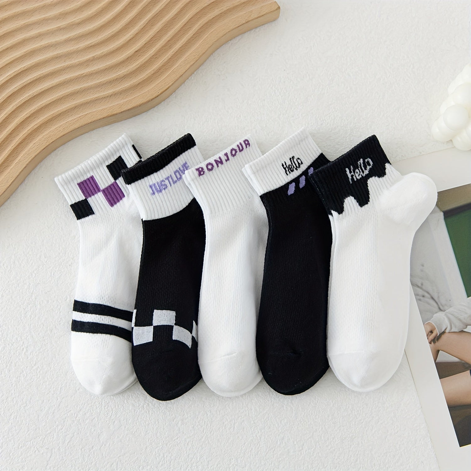 5 Pairs Letter Print Short Socks Crew Stockings Women's Hosiery