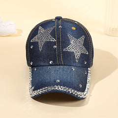 Pentagram Rhinestone Denim Baseball Cap Ladies Adjustable Caps Hats For Women