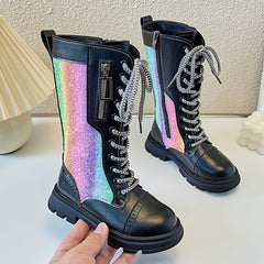 Girls' Mid Calf Faux Leather Boots with Wedge Heel
