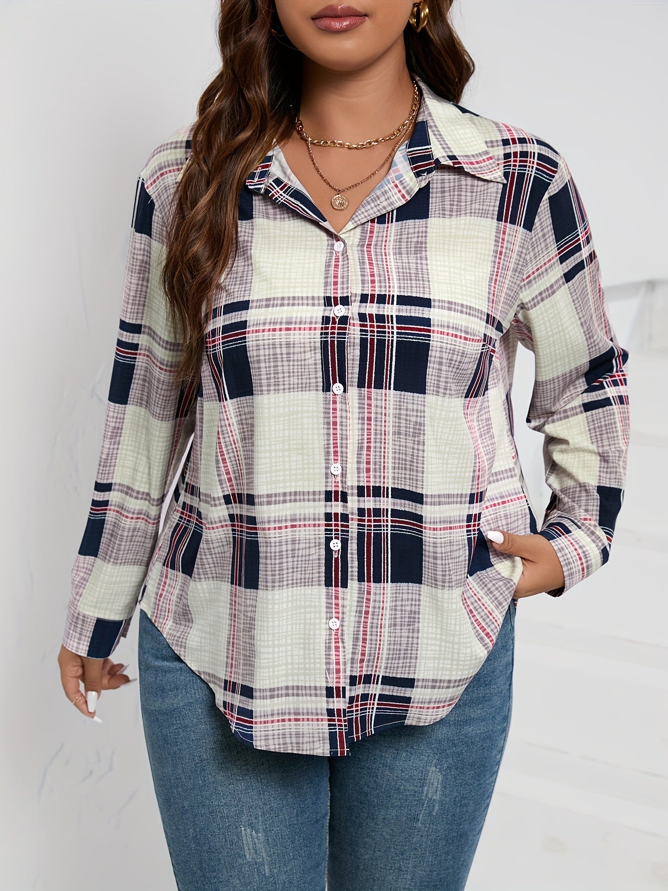 Plaid Print Long Sleeve Button Up Blouse