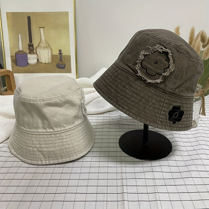 Flower Print Patch Bucket Hat Outdoor Sunscreen Fisherman Cap For Women