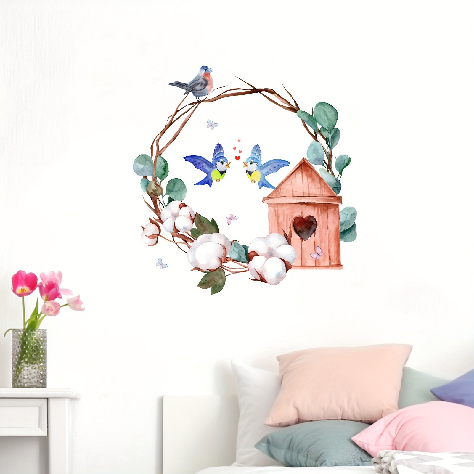 Lovely Bird On Tree Branch Wall Decal Green Leaves Flying Birds Removable Art