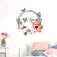 Lovely Bird On Tree Branch Wall Decal Green Leaves Flying Birds Removable Art