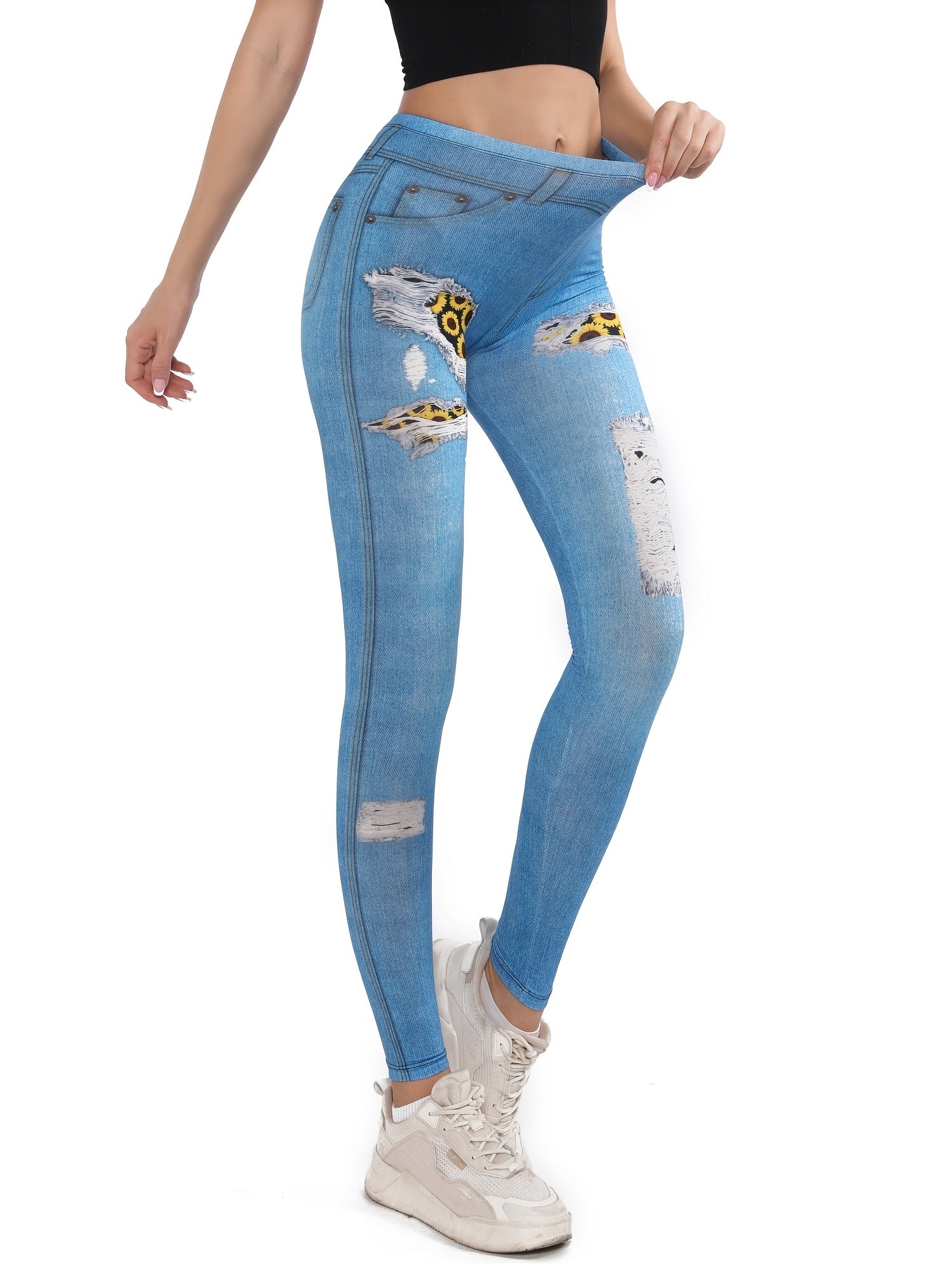 Denim Print High Waist Leggings Workout Casual Slim Yoga Pants