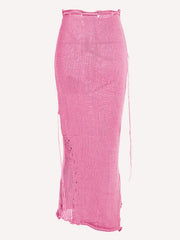 Knitted Drawstring Waist Side Shirring Skirt Casual Ankle Skirt
