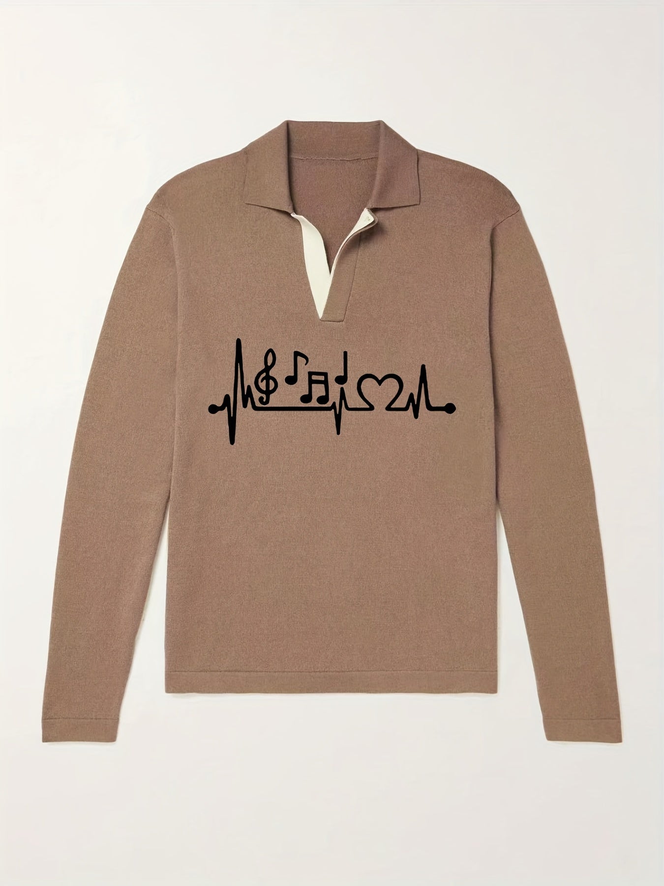 Music Note Pattern Knit Polo Shirt Men's Casual Lapel Pullover Sweater