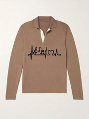 Music Note Pattern Knit Polo Shirt Men's Casual Lapel Pullover Sweater