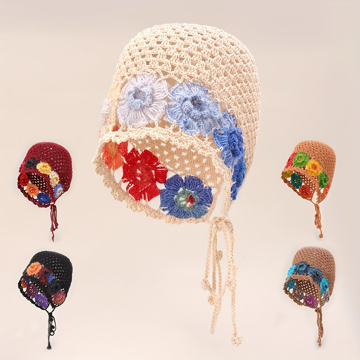 Flower Crochet Knit Hat Colorful Tassel Beanie for Women