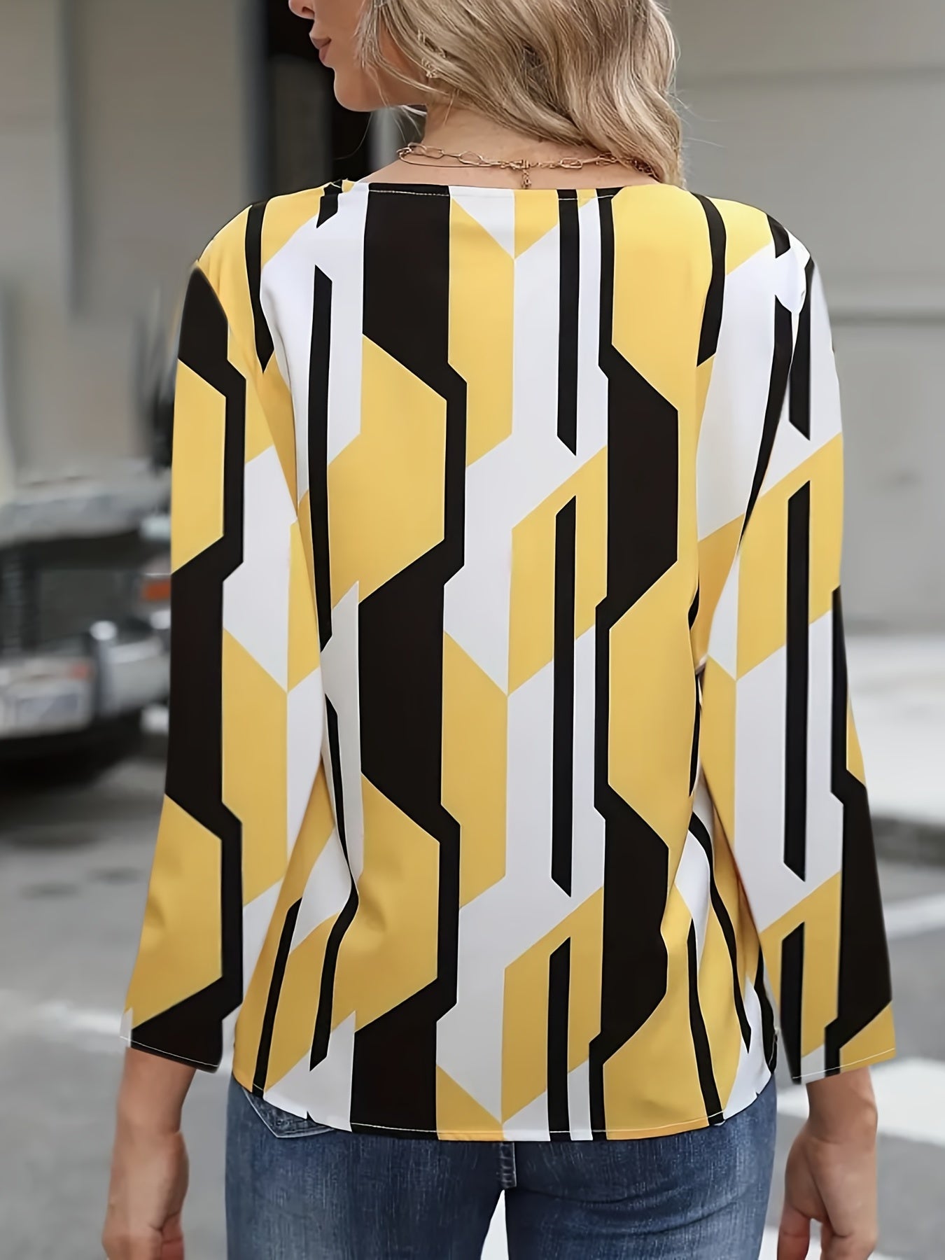 Colorblock Geo Print Notched Neck Top