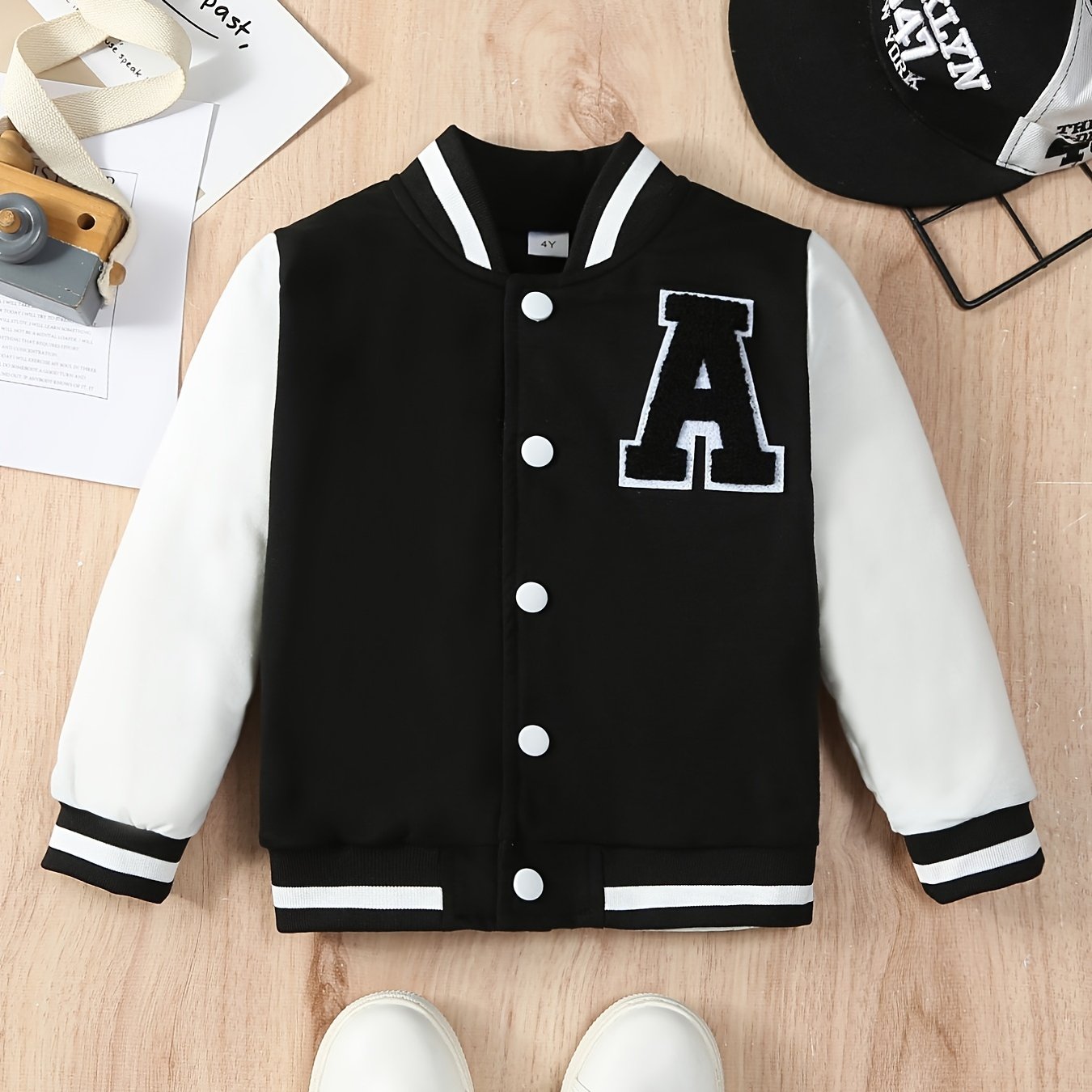 Boys Letter A Embroidered Varsity Jacket Long Sleeve with Baseball Collar