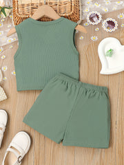 2pcs Toddler Girls Ribbed Knit Tank Top & Bow Front Shorts Set