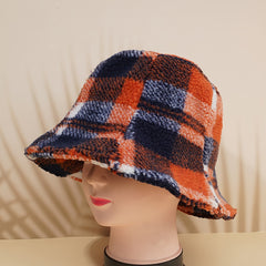 Women Lamb Wool Bucket Hat Plaid Fisherman Hat