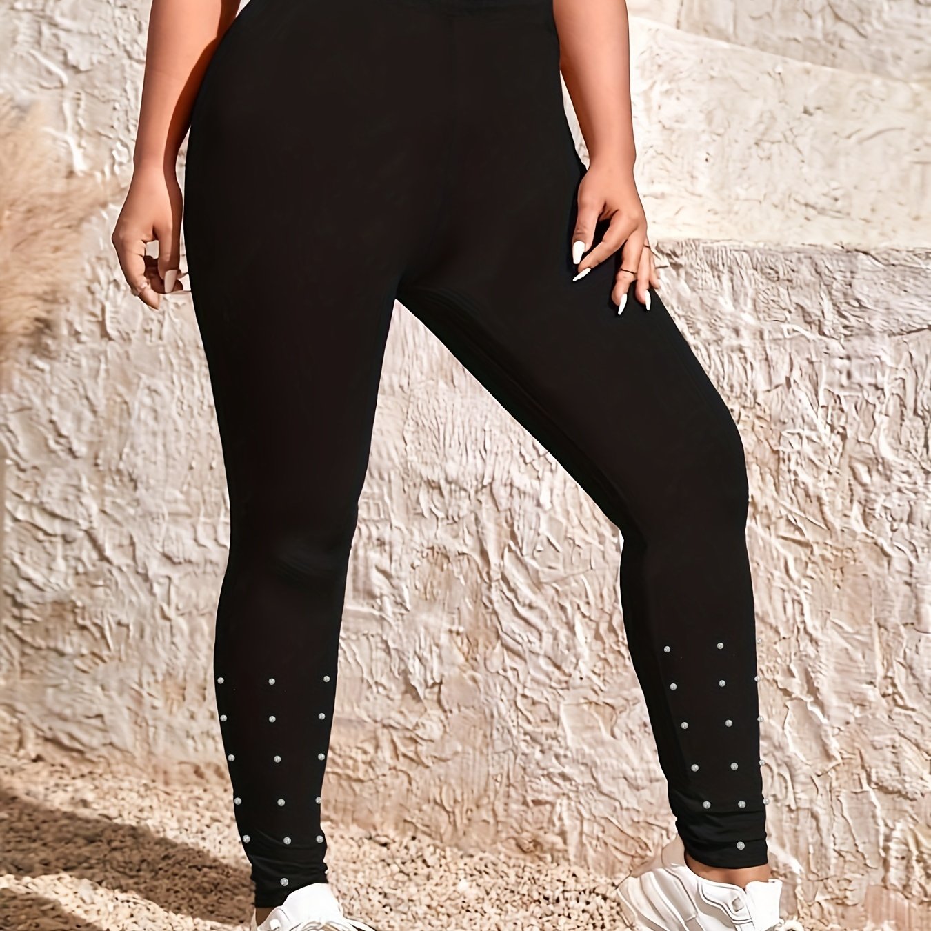 Plus Size Faux Pearl High Rise Stretch Leggings