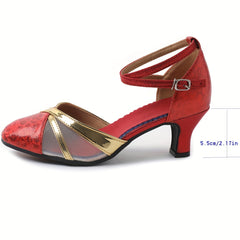 Women's Closed Peep Toe Latin Dance Shoes Cross Strap Kitten Sandals