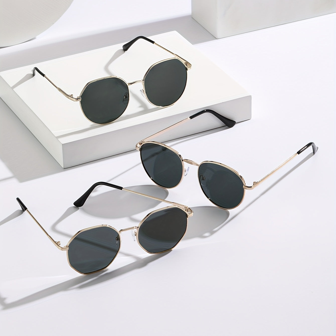 3pcs Metal Round Frame Sunglasses UV 400 Protection