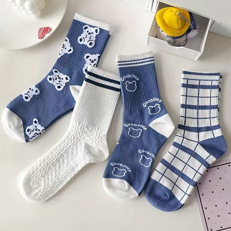 10 Pairs Cartoon Bear Print Socks Mid Tube Women's Stockings