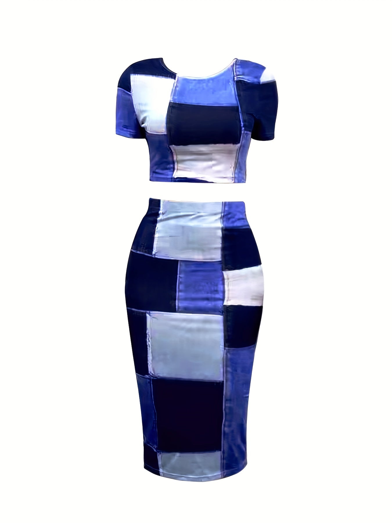 Denim Print Crop Top & Skirt Set Bodycon Outfit