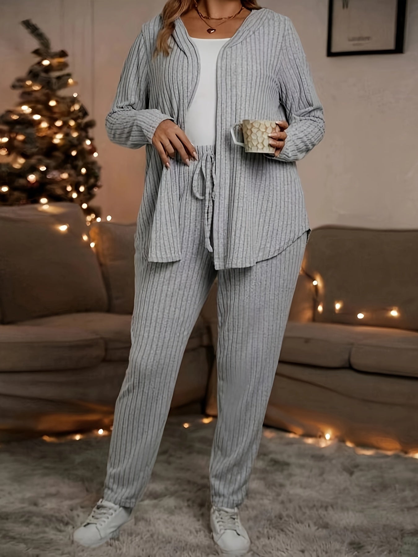Solid Ribbed Long Sleeve Hooded Cardigan & Pants 2 Piece Set