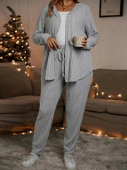 Solid Ribbed Long Sleeve Hooded Cardigan & Pants 2 Piece Set