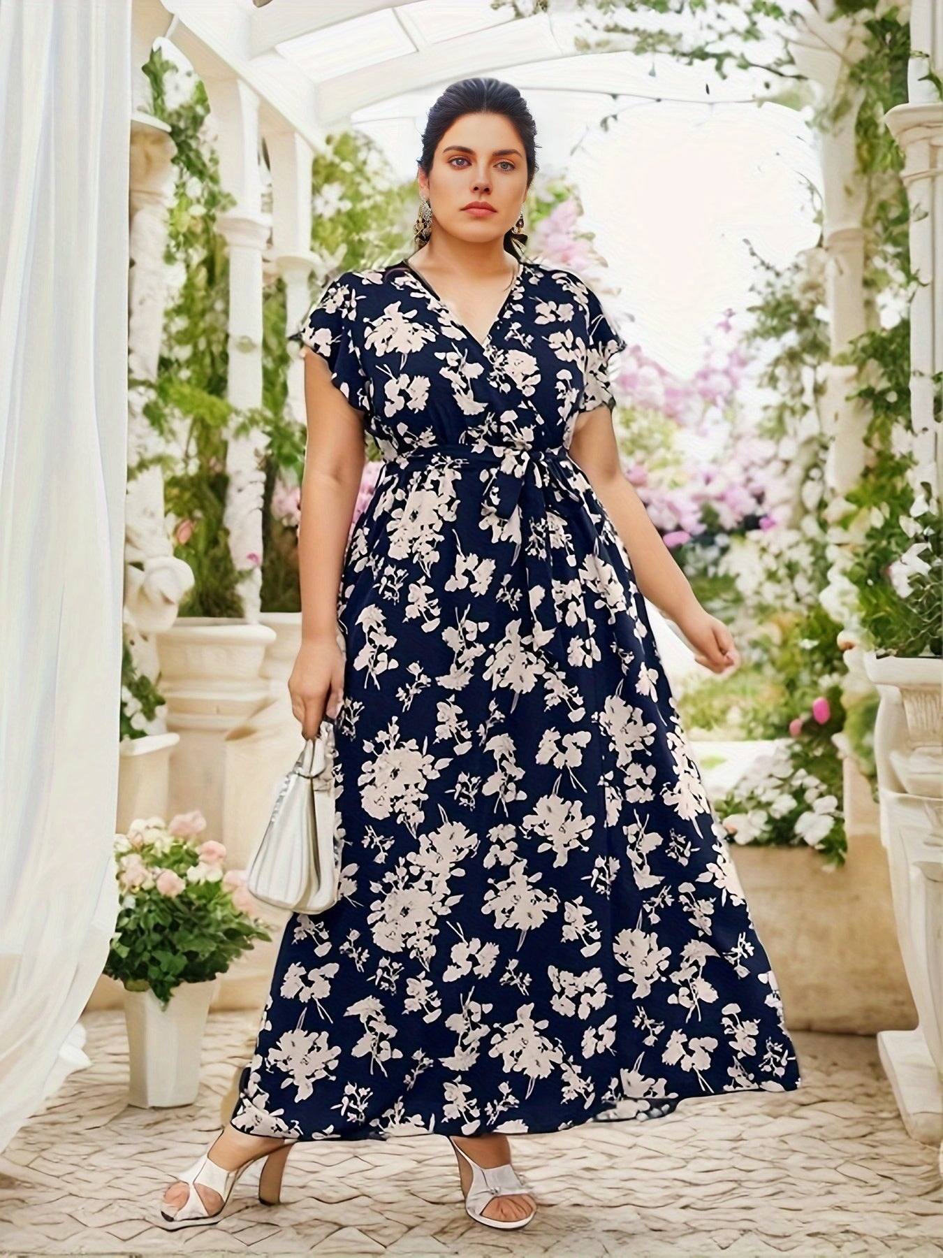 Boho Dress Women's Plus Floral Print Cap Sleeve Maxi Dress