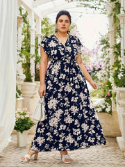 Boho Dress Women's Plus Floral Print Cap Sleeve Maxi Dress