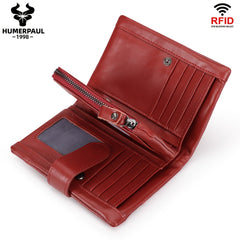 HUMERPAUL Women's Red Leather Clutch Bi-Fold Snap Closure Lanyard