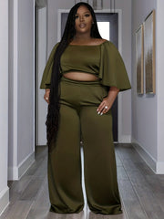 Solid Flare Crop Top & Wide Leg Pants Outfit Set
