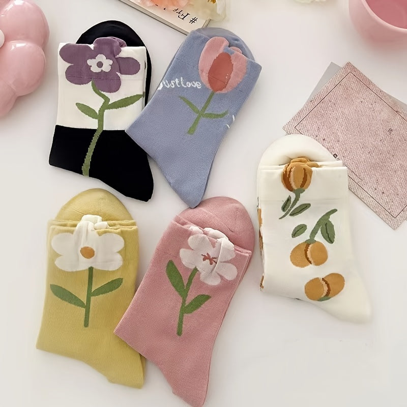 5 Pairs 3D Flower Mid-tube Crew Socks for Women