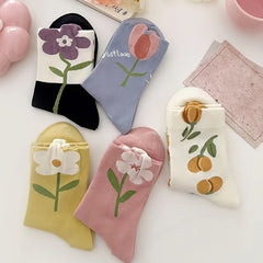 5 Pairs 3D Flower Mid-tube Crew Socks for Women
