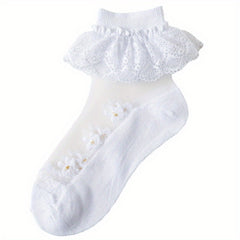2 Pairs Girls Kids Ice Silk Lace Ruffled Princess Socks