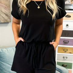 Drawstring Waist Romper Jumpsuit Short Sleeve Casual