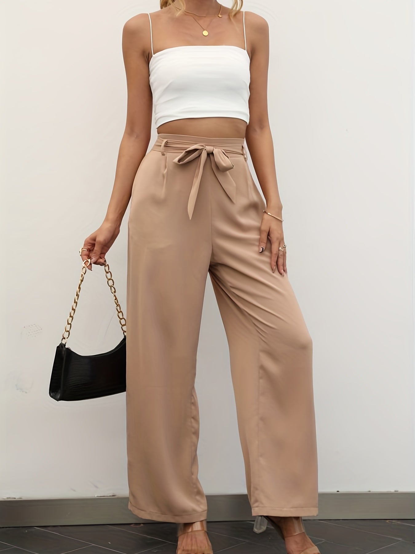 Solid Belted Wide Leg Pants for Women