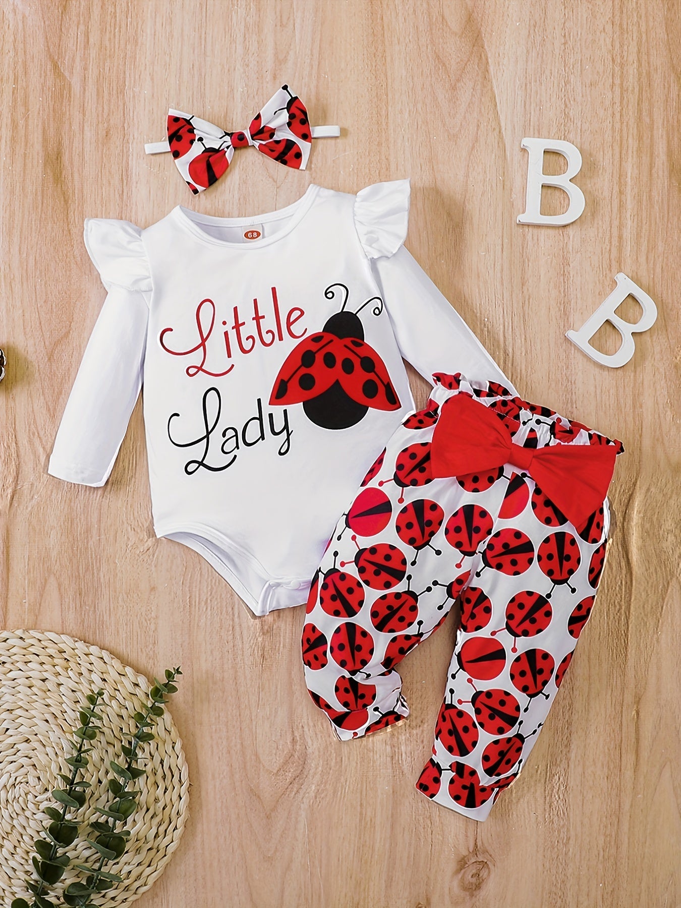 Ladybug Print Baby Romper & Pants Set For Autumn & Spring