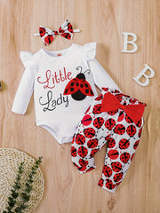 Ladybug Print Baby Romper & Pants Set For Autumn & Spring