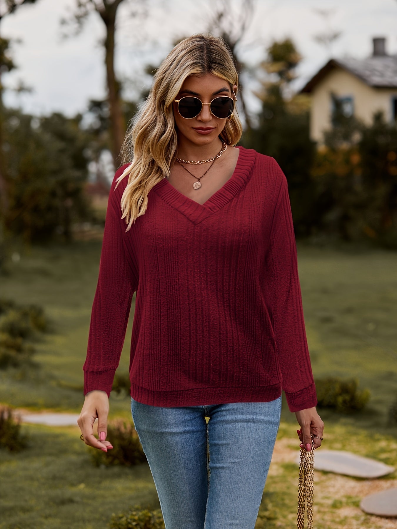 Casual Sweater Women's Solid V Neck Jumper