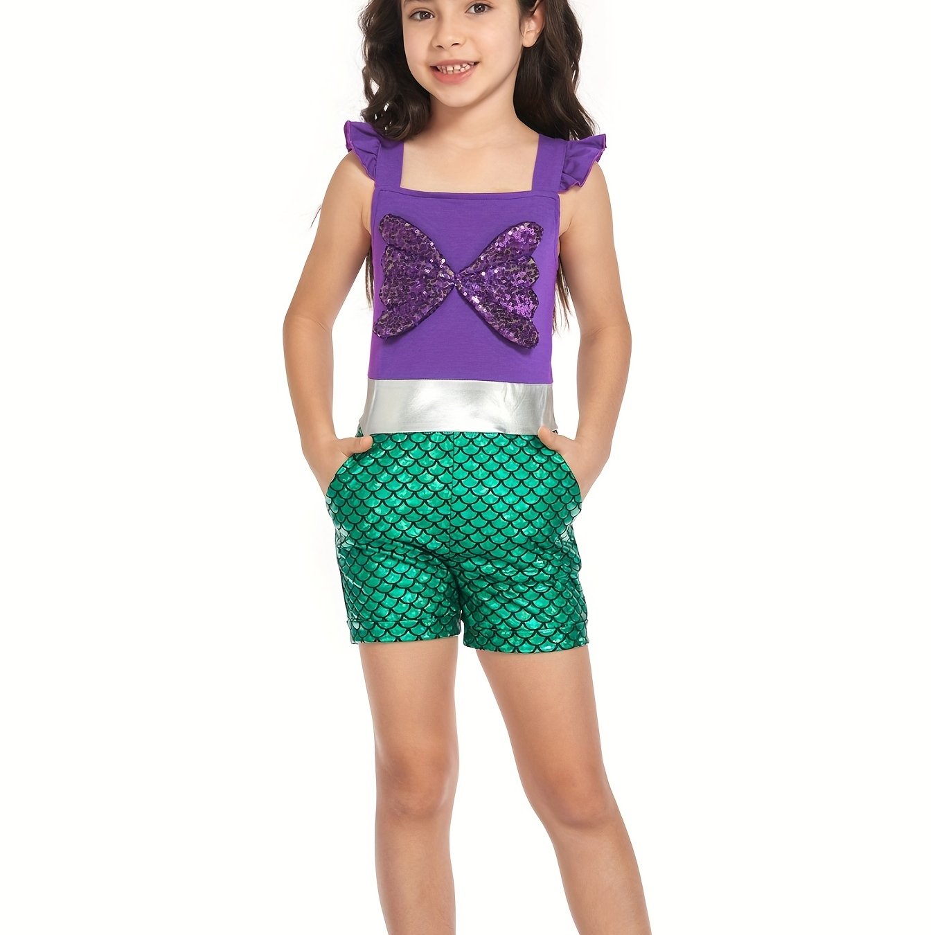Girls Mermaid Ruffle Sleeve Jumpsuit with Bow Romper for Summer Costume