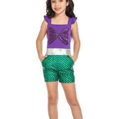 Girls Mermaid Ruffle Sleeve Jumpsuit with Bow Romper for Summer Costume